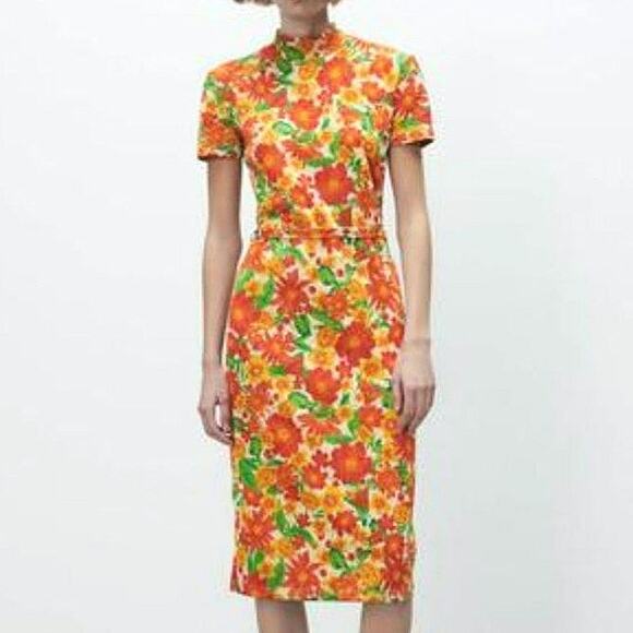ZARA Floral Short Sleeve Mock Neck Jacquard Straight Sheath Midi Dress Size S - Picture 1 of 16